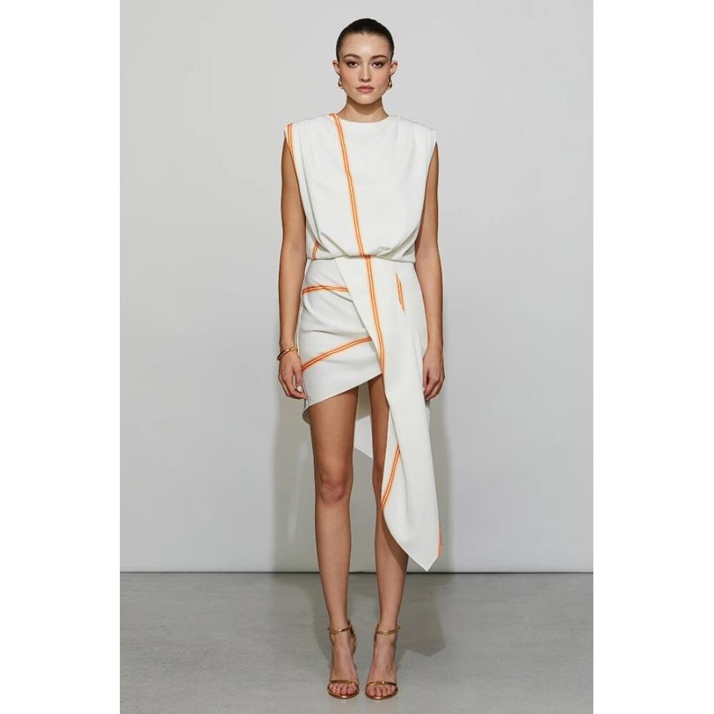White Mini Dress with Orange Trim - Sleek Asymmetric Design